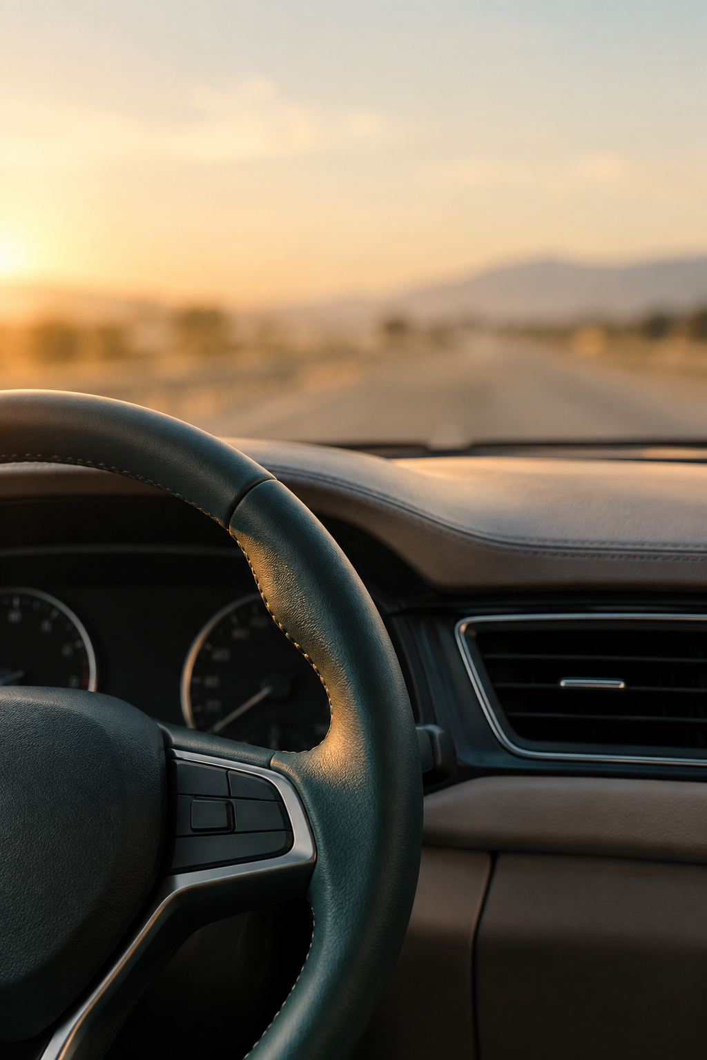 Car interior at golden hour, steering wheel and dashboard vent