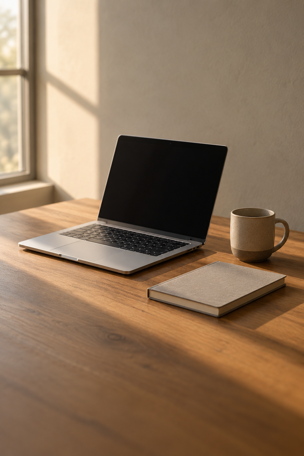 Wooden desk in afternoon light with a laptop, ceramic mug and notebook