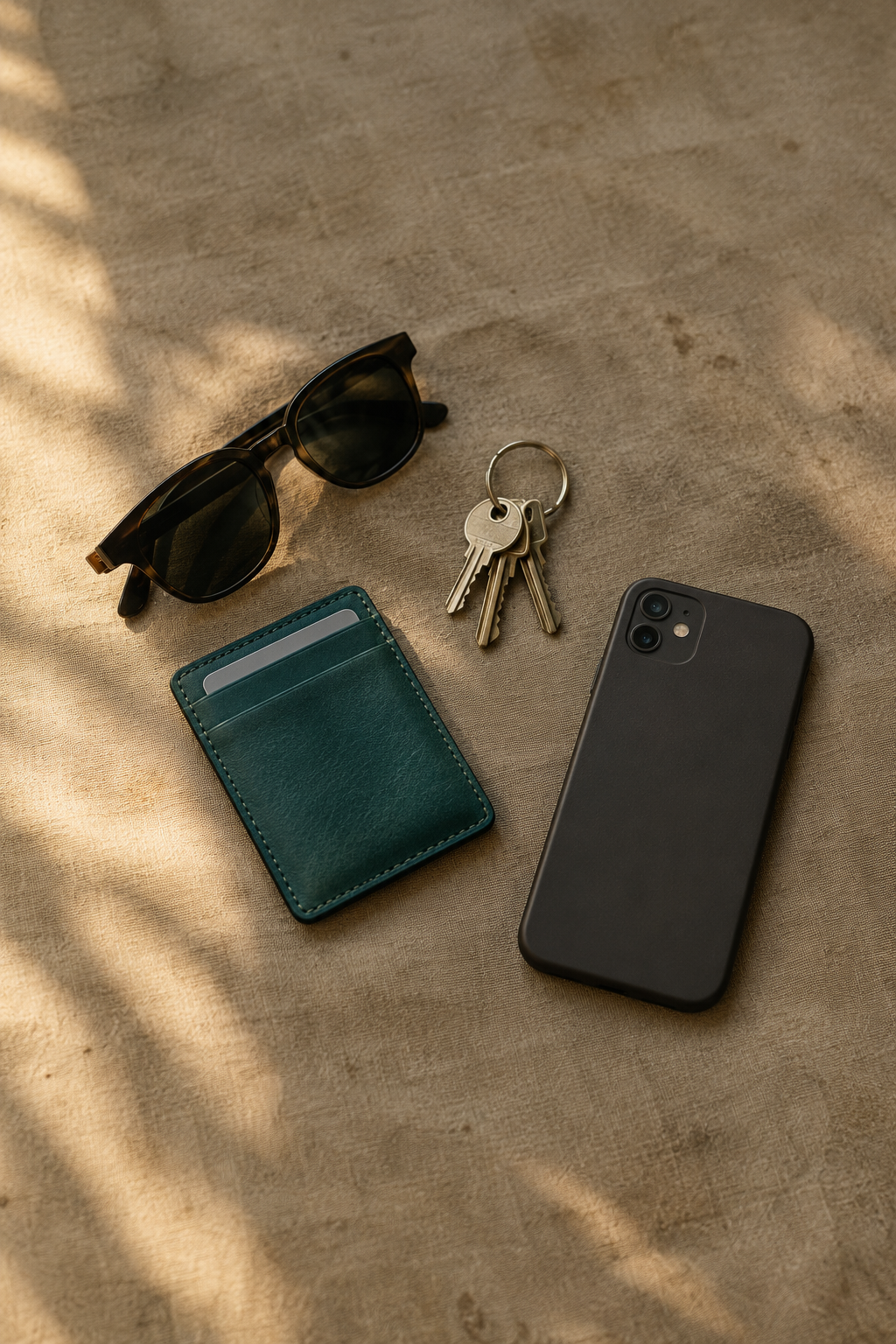 Everyday carry flatlay on canvas: card wallet, keys, sunglasses and a phone