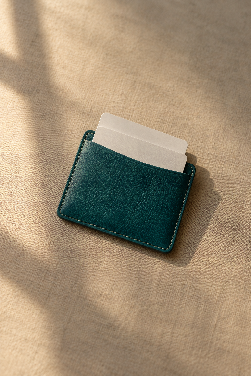 Teal leather card holder on linen with a blank card part-drawn
