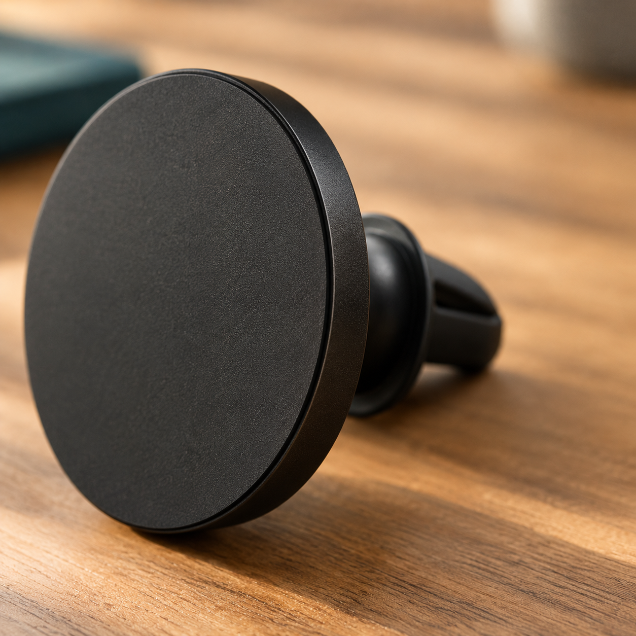 Close detail of a GripSway magnetic mount's plain matte black disc on a wooden desk
