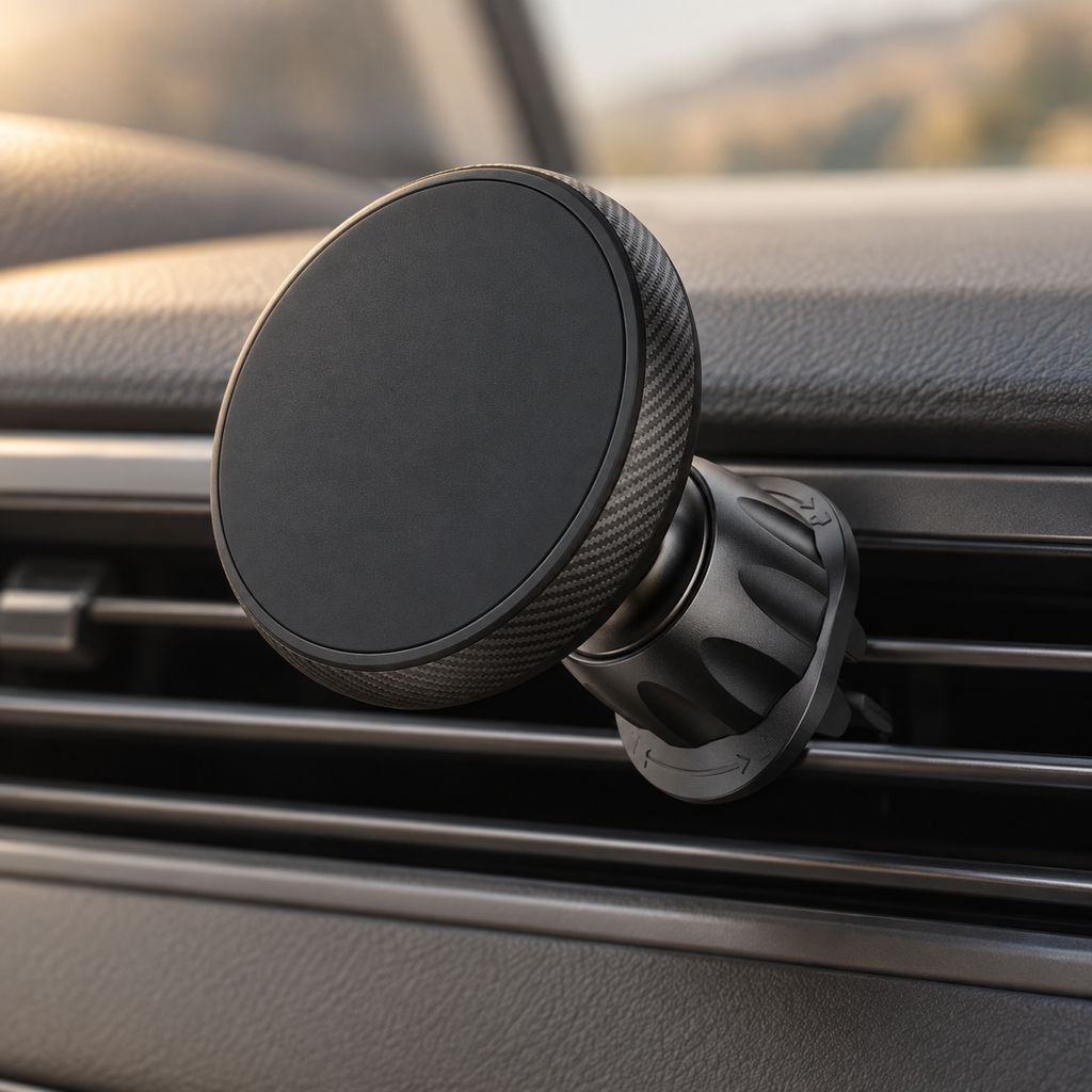 GripSway magnetic car phone holder clipped to a car air vent, plain matte black magnetic face