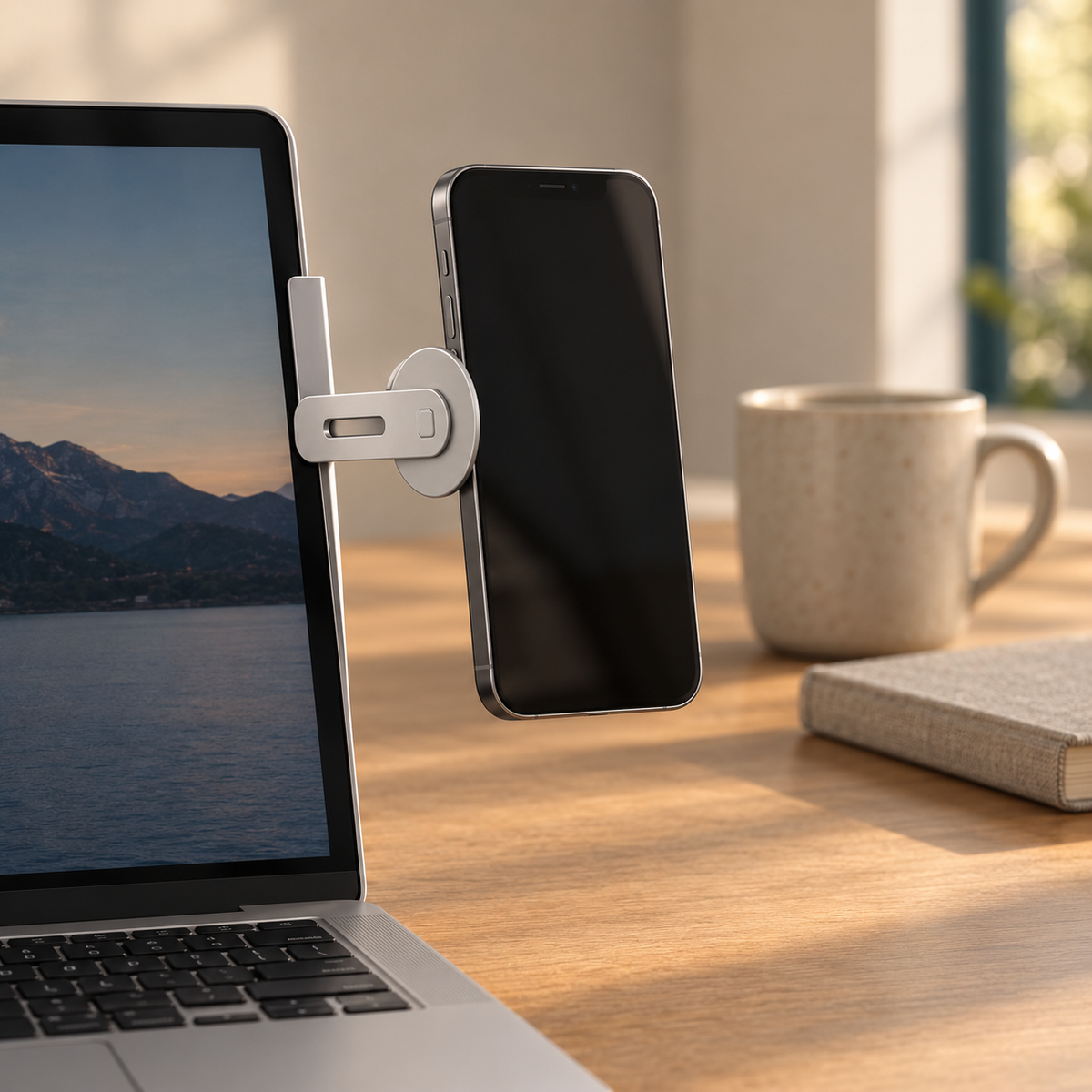 GripSway magnetic laptop phone holder clipped to a laptop screen, holding a phone upright beside the display