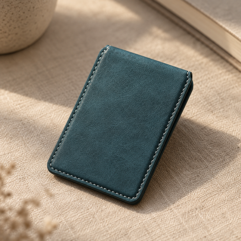 GripSway teal leather MagSafe card wallet resting on oatmeal linen