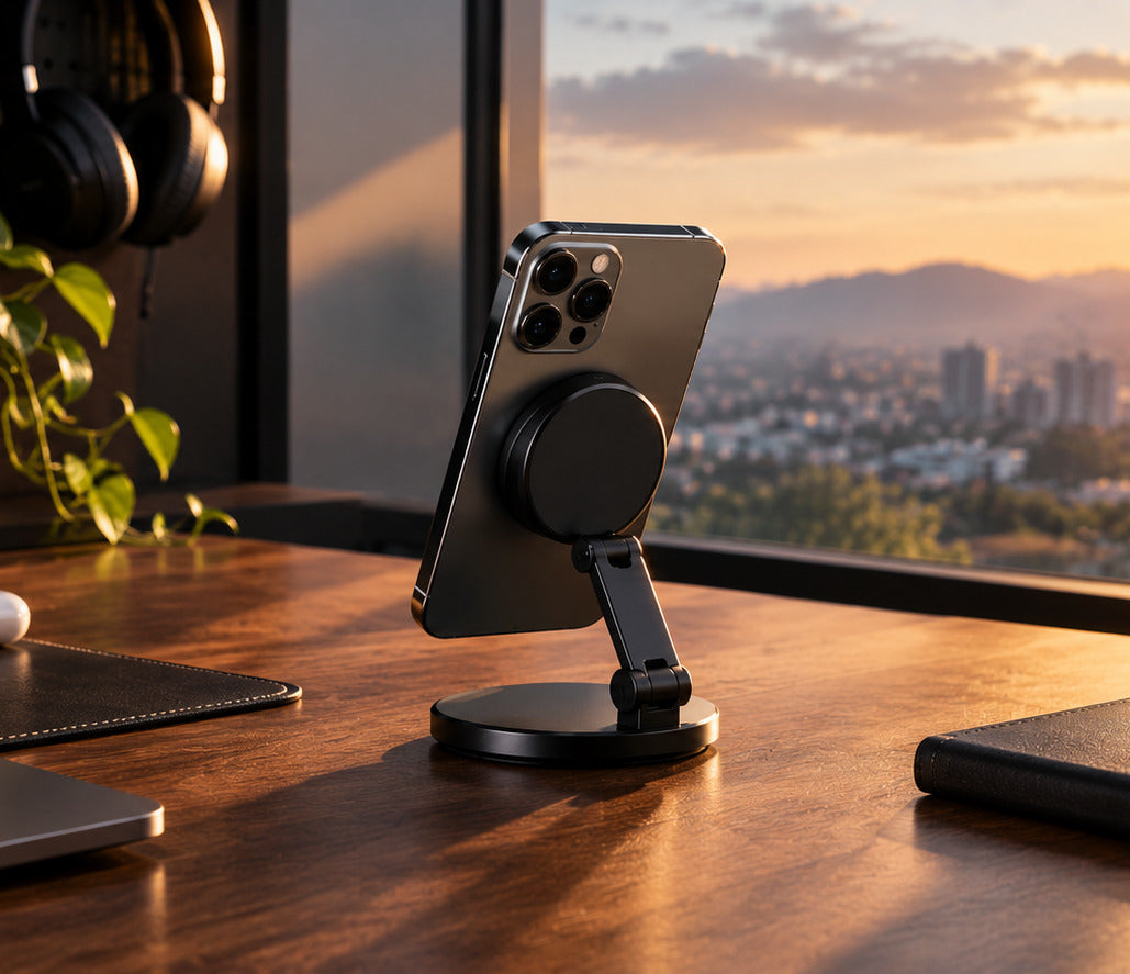GripSway magnetic phone stand on a desk at sunset